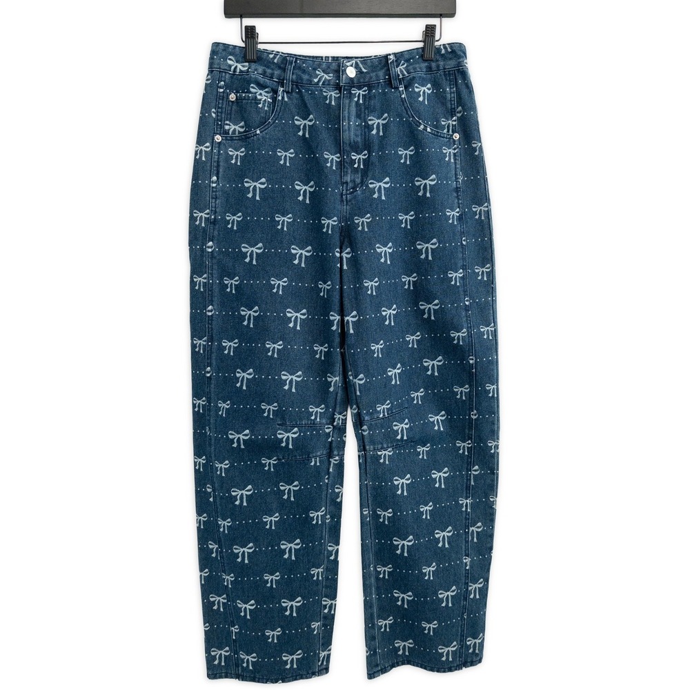 Entro Bow Print Jeans Women L Wide Leg Barrel Denim Coquette Girly Cottage NWT